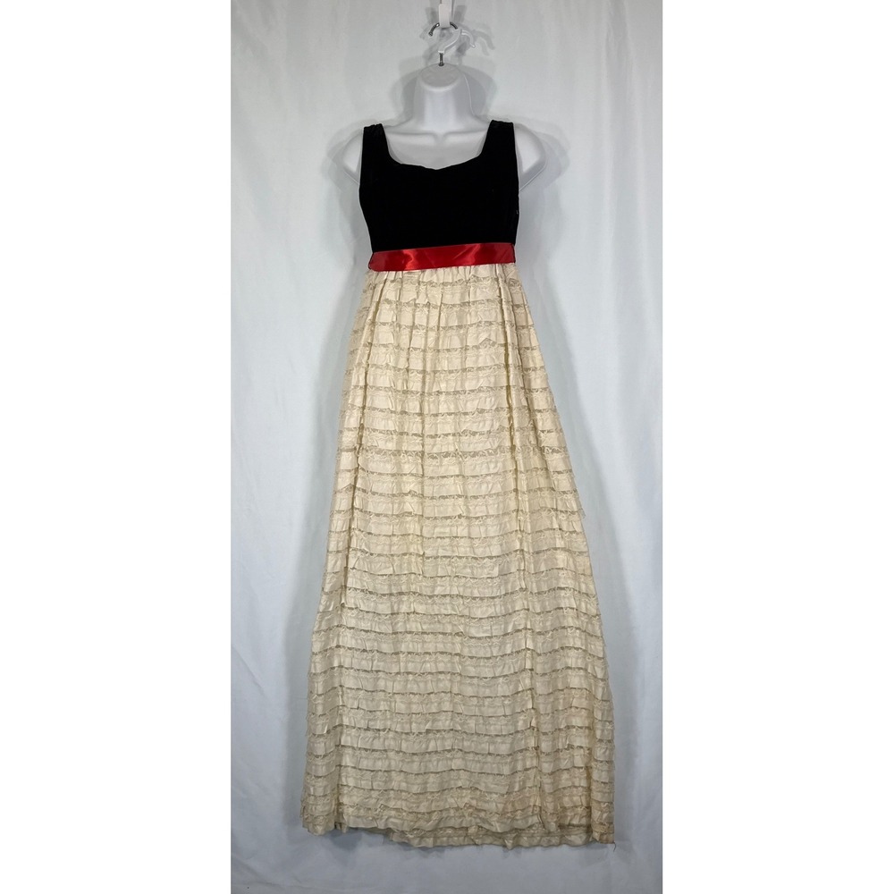 VTG Lorrie Deb San Francisco Velvet Lace Empire Waist Dress Black Cream REPAIRS